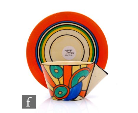 Clarice Cliff - Sliced Circle - A Conical shape tea cup and saucer circa 1930, hand painted with an abstract circle and line 