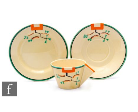 Clarice Cliff - Ravel - A large Conical cup, saucer and side plate circa 1931, hand painted with an abstract spray to the sho