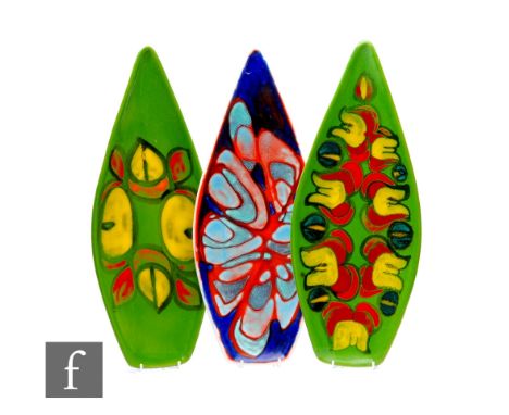 Poole Pottery - A Delphis pattern spear head number 82 dish, stylised abstract design over green ground, another similar exam