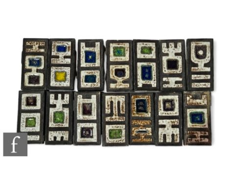 Alan Boyson - A set of fourteen architectural ceramic tiles of rectangular form, relief decorated to each with a variant of a