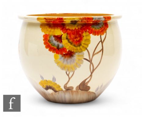 Clarice Cliff - Rhodanthe - A large jardinaire circa 1936, hand painted with a stylised tree landscape, double image, with gr