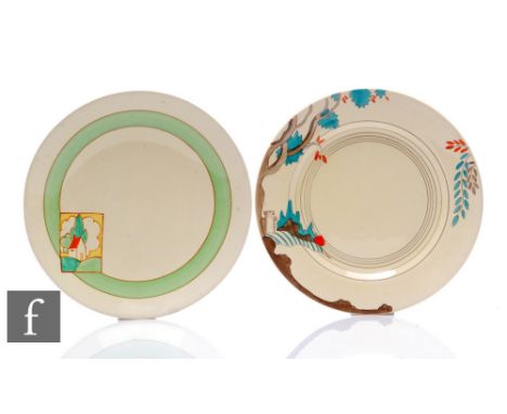 Clarice Cliff - Stroud - A circular dish form plate circa 1933, hand painted with a shoulder cartouche of a tree and cottage 