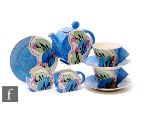 Clarice Cliff - Cowslip (Blue) - A Bon Jour early morning breakfast service circa 1933, comprising teapot, milk, sugar, two c