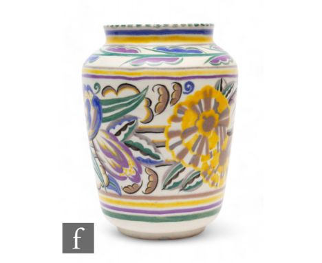 Carter, Stabler and Adams (Poole Pottery) - A 1930s red bodied shape 970 vase decorated in the FK pattern by Norah Preston, i