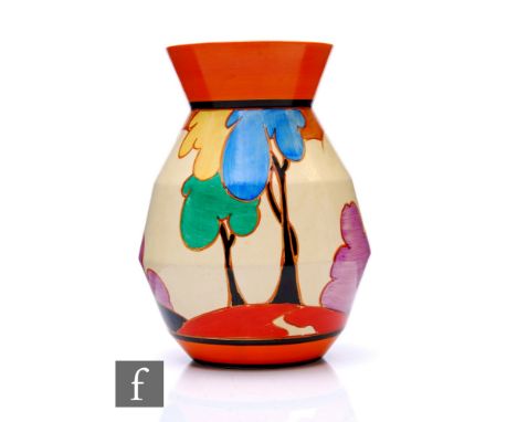 Clarice Cliff - Blue Autumn - A shape 360 vase circa 1930, hand painted with a stylised tree and cottage landscape, double im