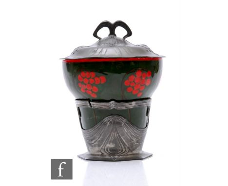 Osiris - A secessionist pewter and continental ceramic biscuit box and cover, circa 1900, with painted red berries on whiplas