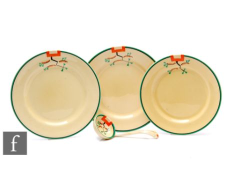 Clarice Cliff - Ravel - A pair of dinner plates circa 1931, hand painted with an abstract spray to the shoulder with orange, 