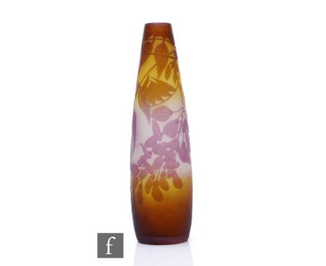 Emille Galle - A cameo glass vase circa 1900, of tapered sleeve form cased in purple over a graduated tonal pale yellow to cl