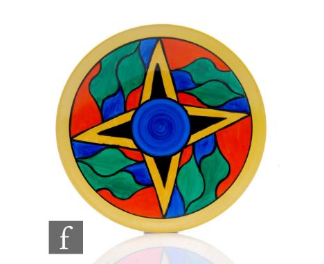 Clarice Cliff - Double V variant - A circular dish form plate circa 1928, hand painted with a stylised leaf and V design with