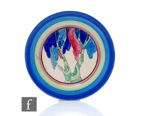 Clarice Cliff - Rudyard - A circular side plate circa 1933, hand painted to the central well with a stylised tree with tonal 