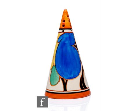 Clarice Cliff - Blue Autumn - A Conical sugar sifter circa 1931, hand painted with a stylised tree and cottage landscape betw