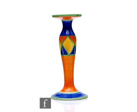 Clarice Cliff - Original Bizarre - An early Wilkinson shape candlestick with circular base and baluster stem with upper circu