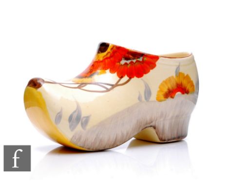Clarice Cliff - Rhodanthe - A large Sabot or clog circa 1936, hand painted with a stylised tree landscape, Bizarre mark, leng