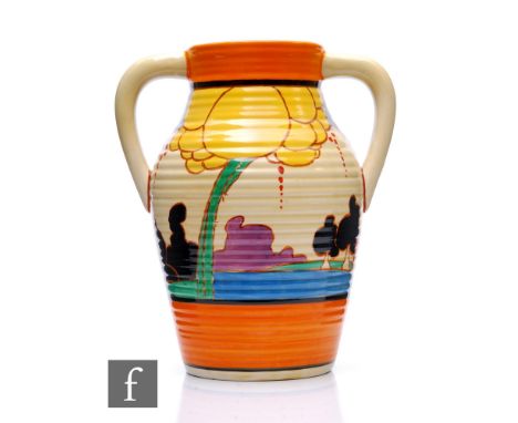 Clarice Cliff - Summerhouse - A double handled Lotus jug circa 1932, hand painted with a stylised garden scene with tree and 