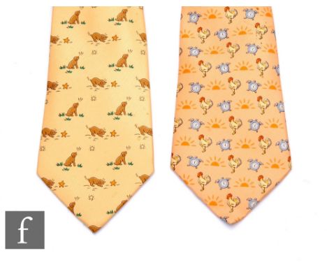Hermes - A 1980s Hermes silk novelty tie, pattern number 7566&nbsp;SA depicting cockerels and clocks over an orange ground, t