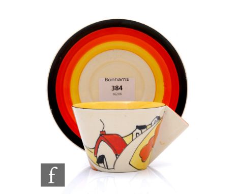 Clarice Cliff - House &amp; Bridge - A Conical tea cup and saucer circa 1931, hand painted with a stylised cottage landscape 