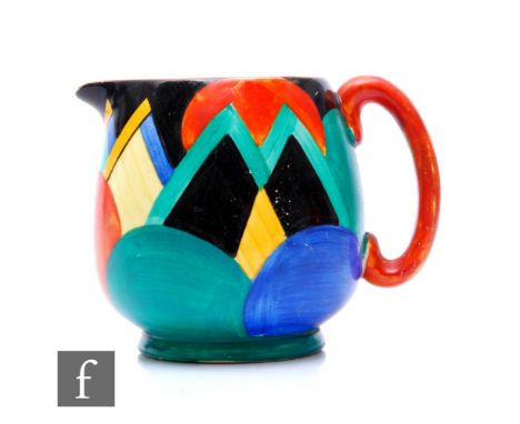 Susie Cooper - Grays Pottery - A Paris shape Moon and Mountain pattern jug decorated with brightly coloured abstract motifs, 