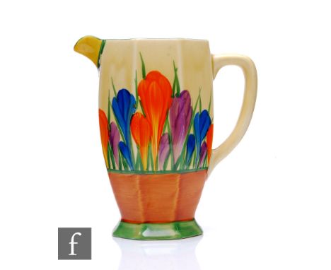 Clarice Cliff - Crocus - An Athens shape jug circa 1929, hand painted with Crocus sprays between green and brown banding, han