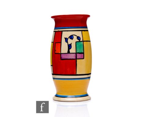 Clarice Cliff - Branch &amp; Square (Yellow) - A shape 265 vase circa 1930, hand painted with an abstract overlapping block d