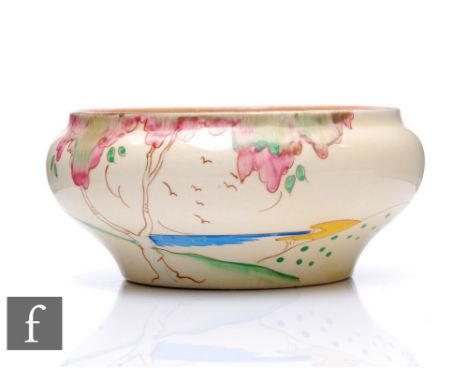 Clarice Cliff - Taormina Pink - An Ivor shape bowl circa 1936, hand painted with a stylised tree lined coastal landscape, scr