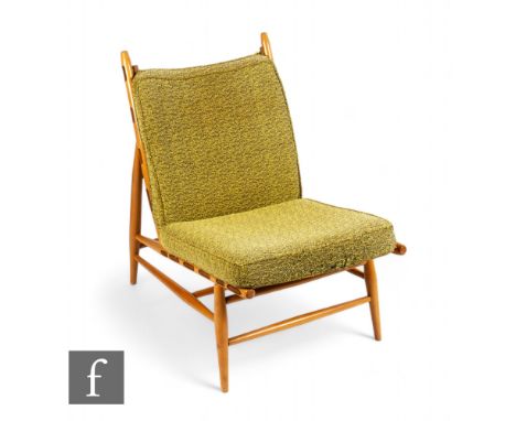 Ercol - A mid Century 427 easy chair, beech frame with green fabric, height 78cm.