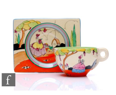 Clarice Cliff - Applique Idyll - A Biarritz cup and saucer circa 1936, hand painted to each piece with a Crinoline Lady to a 