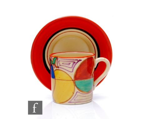 Clarice Cliff - Melon (Red) - A Tankard shape coffee can and saucer circa 1930, hand painted with abstract geometric fruit wi