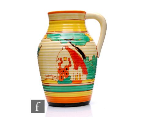 Clarice Cliff - Red Roofs - A single handled Lotus jug circa 1931, hand painted with a stylised tree and cottage landscape be