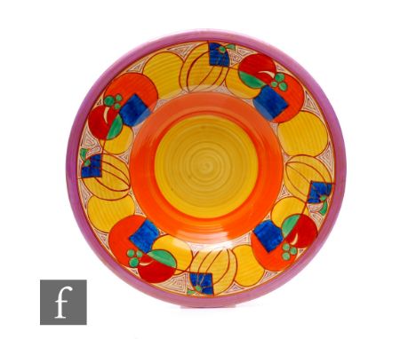 Clarice Cliff - Melon - A large 18 inch ribbed charger circa 1930, radially hand painted with a deep band of abstract fruit w