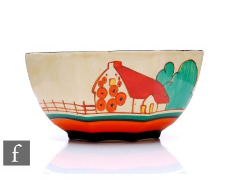 Clarice Cliff - Red Roofs - A small octagonal bowl circa 1931, hand painted with a stylised farmhouse beneath a tree with flo