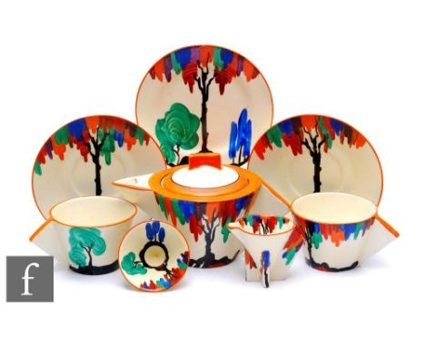 Clarice Cliff - Latona Tree - An early Conical shape early morning breakfast set circa 1930, hand painted with a stylised tre