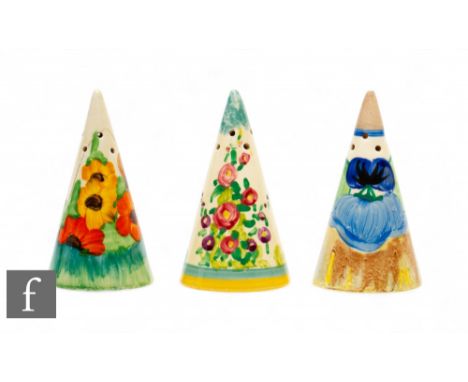 Clarice Cliff - Pansies Delecia, Hollyhocks, Sandon - Three Conical cruet pots all circa 1932, hand painted with various flor