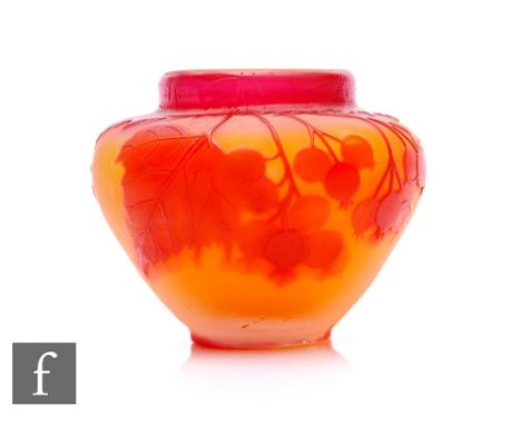 Emile Galle - A small cameo glass vase circa 1900, a shouldered ovoid body with shallow collar neck, cased in deep red over a