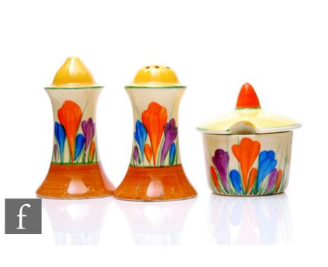 Clarice Cliff - Crocus - A Muffiner shape cruet set with mustard post circa 1930, hand painted with Crocus sprays with yellow