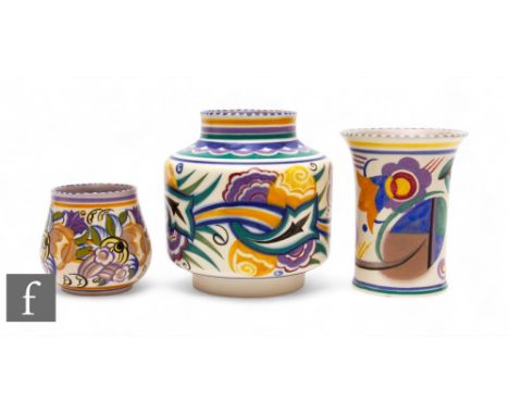 Carter Stabler Adams (Poole Pottery) - A 1930s red bodied shape 960 vase, decorated in the CO pattern by Ruth Pavely, height 