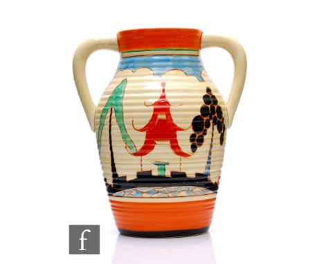 Clarice Cliff - Kew - A double handled Lotus jug circa 1932, hand painted with a Pagoda to a garden setting with trees, strea