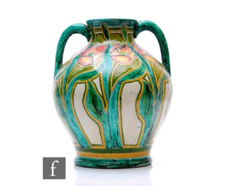 Charles Collis and John Fogo - Della Robbia - A large red earthenware vase of twin handled shouldered form, incised with cont