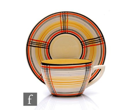 Clarice Cliff - Tartan - A Lynton shape tea cup and saucer circa 1936, hand painted with fine banded lines in tonal orange, g