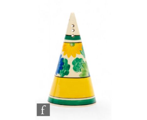 Clarice Cliff - Sun Gay - A Conical sugar sifter circa 1931, hand painted with a band of stylised flowers and foliage between