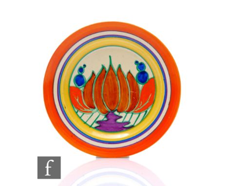 Clarice Cliff - Brown Lily - A small circular side plate circa 1929, hand painted with a stylised flower and foliage within o