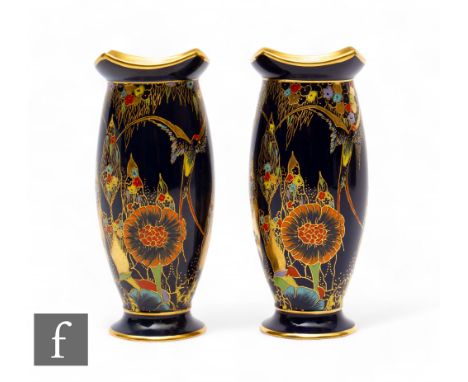 Carlton Ware - A pair of Fantasia pattern vases, of elongated ovoid form with square swept rim, polychrome enamel decorated w