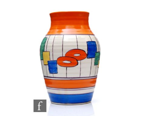 Clarice Cliff - Allsorts - An Isis vase circa&nbsp;1929, hand painted with geometric shapes over lines within purple, orange 