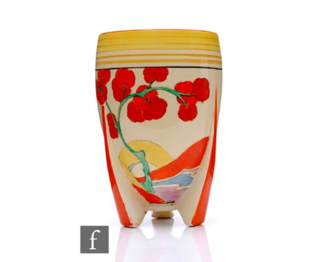 Clarice Cliff - Bridgewater - A shape 452 vase circa 1933, hand painted with a stylised riverside landscape with tree, bridge