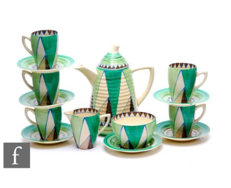 Clarice Cliff - Killarney - A Lynton shaped coffee set circa 1934, comprising coffee pot, milk, sugar, five cups and six sauc