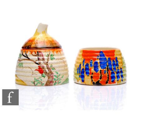 Clarice Cliff - Spire - A small size Bee Hive honey pot circa 1943, hand painted with a stylised landscape with church to the