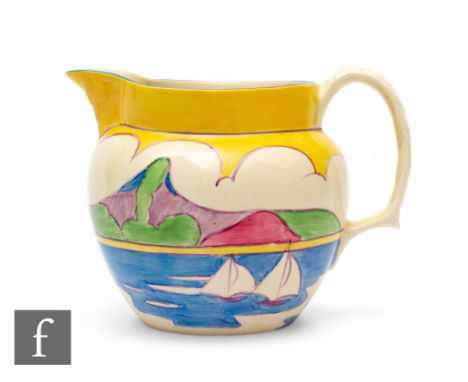 Clarice Cliff - Gibraltar - A large Perth shape jug circa 1932, hand painted with six sailing boats before a coastal landscap