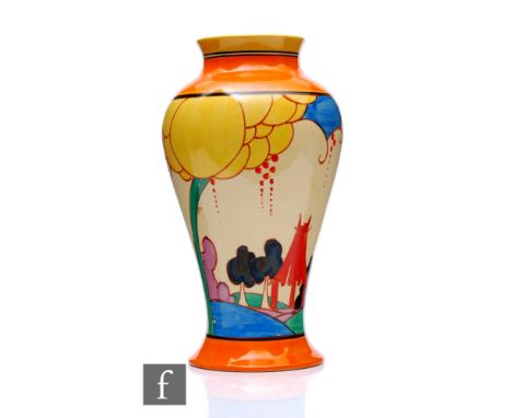 Clarice Cliff - Summerhouse - A large shape 14 Mei Ping vase circa 1932, hand painted with a double image of a stylised Summe