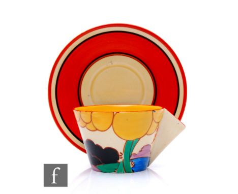 Clarice Cliff - Summerhouse - A Conical shape tea cup and saucer circa 1931, hand painted with a stylised tree and summerhous