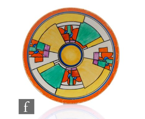 Clarice Cliff - Flower &amp; Square - A large dish form plate circa 1929, radially hand painted with an abstract block and li