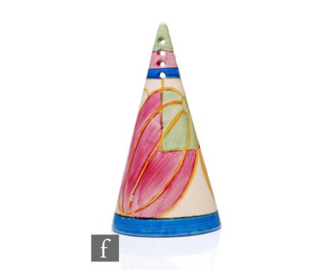Clarice Cliff - Pastel Melon - A conical sugar sifter circa 1932, hand painted with a band of geometric fruit between green, 